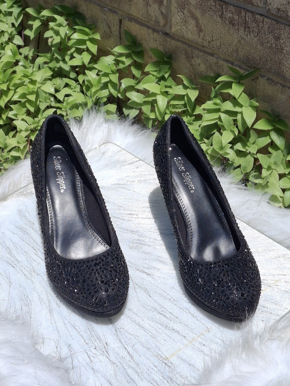 Silver Slipper Black Embellished Rhinestone Pumps Dress Heels Women Size 6 - Picture 4 of 16